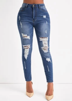 Hole Denim Blue Zipper Fly Skinny Jeans -Rosewe Promotion Store 323815 P 16736196602600