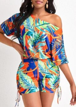 Leaf Print Drawstring Multi Color Romper