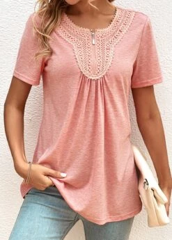 Plus Size Pink Zipper Short Sleeve T Shirt