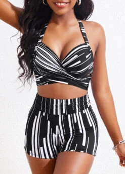 High Waisted Geometric Print Criss Cross Black Bikini Set -Rosewe Promotion Store 324010 P 16758583659673