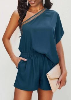 Pocket Peacock Blue One Shoulder Romper -Rosewe Promotion Store 324323 P 1673507837385