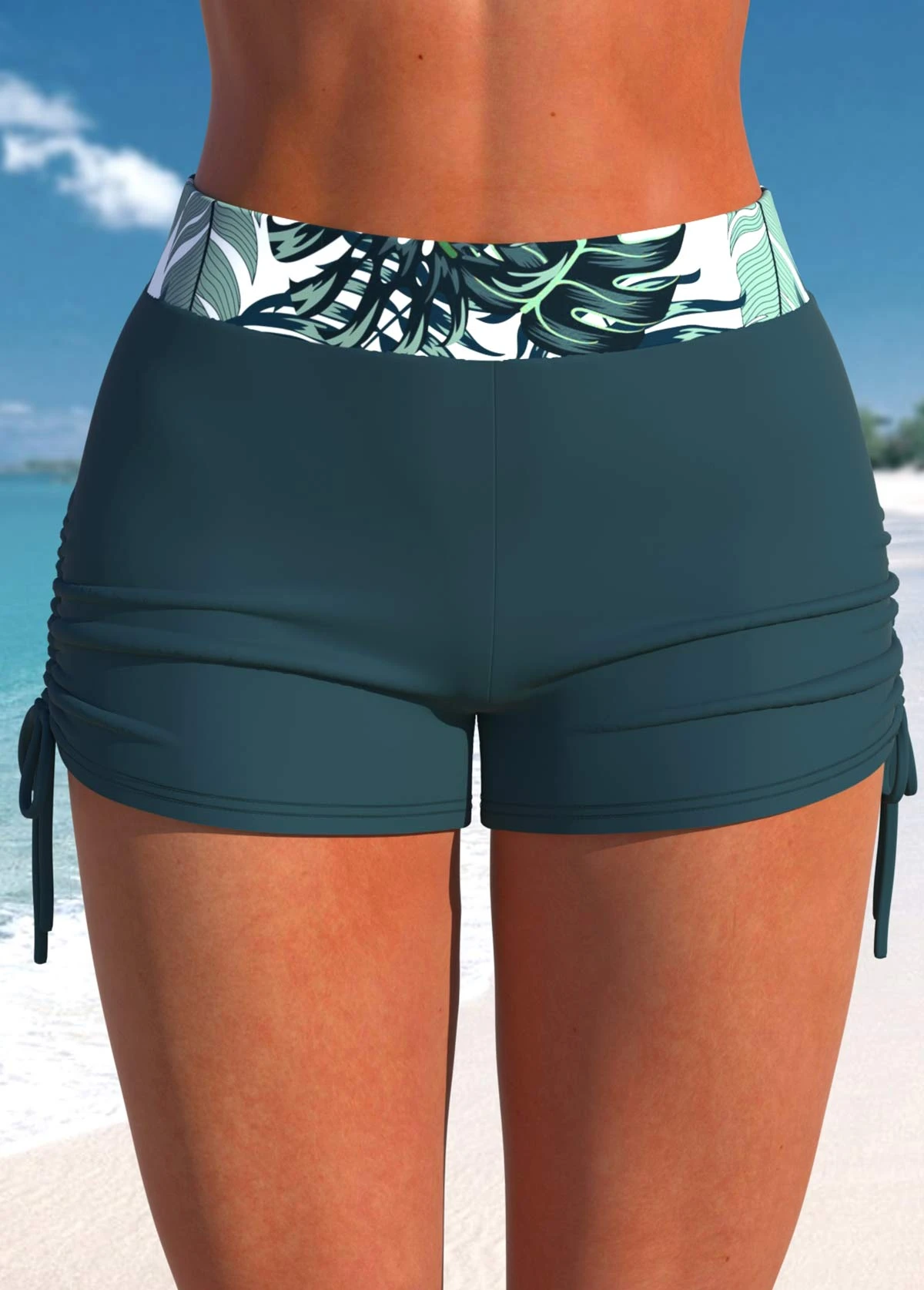 Mid Waisted Tie Side Tropical Plants Print Swim Shorts 3 Mid Waisted Tie Side Tropical Plants Print Swim Shorts