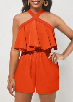 Ruffle Sleeveless Orange Short Cross Collar Romper -Rosewe Promotion Store 324451 P 1677665611867