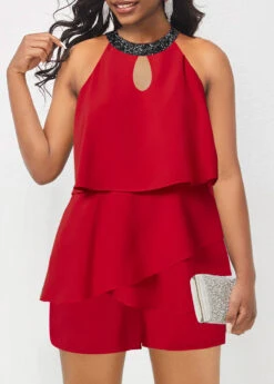 Red Round Neck Sleeveless Asymmetry Romper