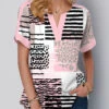 Geometric Print Contrast Binding Pink Split Neck Blouse -Rosewe Promotion Store 324595 P 1673923810309
