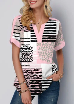 Geometric Print Contrast Binding Pink Split Neck Blouse