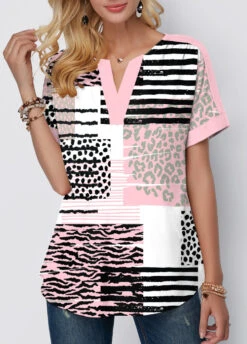 Geometric Print Contrast Binding Pink Split Neck Blouse -Rosewe Promotion Store 324595 P 1673923811664