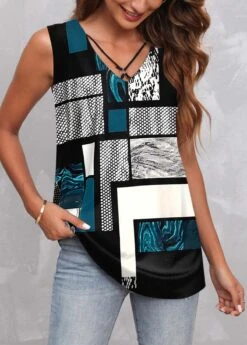 Geometric Print Metal Ring Multi Color Tank Top