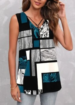 Geometric Print Metal Ring Multi Color Tank Top -Rosewe Promotion Store 324640 P 1673856266119