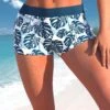Mid Waisted Peacock Blue Tropical Plants Print Swim Shorts