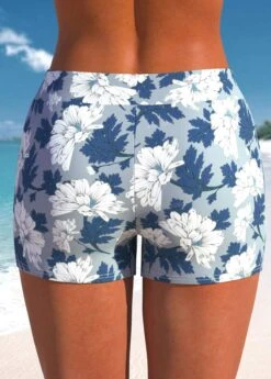 Mid Waisted Dusty Blue Floral Print Swim Shorts -Rosewe Promotion Store 324809 P 1676967675582
