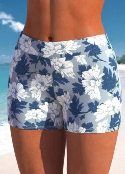 Mid Waisted Dusty Blue Floral Print Swim Shorts -Rosewe Promotion Store 324809 P 1676967675981