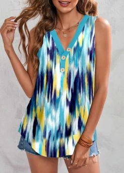 Dazzle Colorful Print Button Multi Color Tank Top