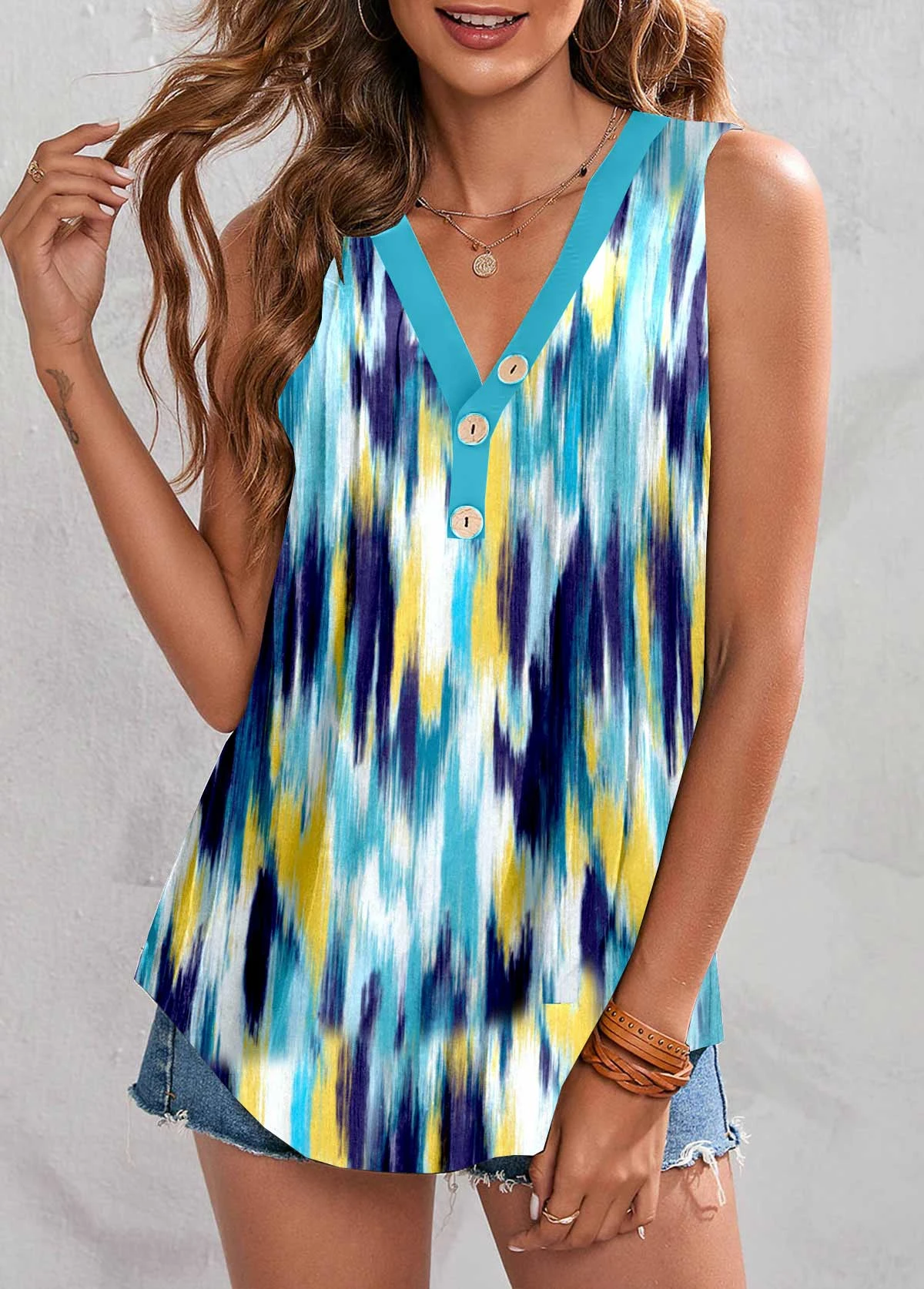 Dazzle Colorful Print Button Multi Color Tank Top 3 Dazzle Colorful Print Button Multi Color Tank Top