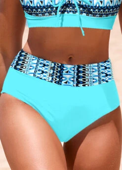 Geometric Print Cyan Mid Waisted Bikini Bottom