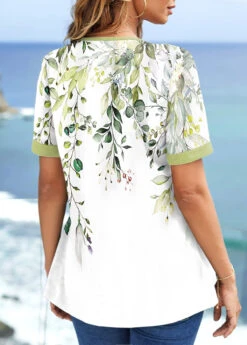 Floral Print Contrast Binding Light Green T Shirt 6 Floral Print Contrast Binding Light Green T Shirt -Rosewe Promotion Store 325053 P 1676270659748