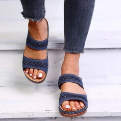 Open Toe Hollow Falt Navy Sliders