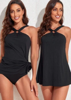 Mid Waisted Circular Ring Black Swimdress Set