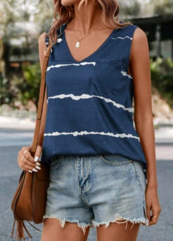 Striped Pocket Dark Blue V Neck Tank Top -Rosewe Promotion Store 325211 P 16762822377912