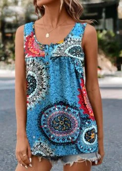 Tribal Print Button Light Blue Tank Top -Rosewe Promotion Store 325219 P 16760211274802
