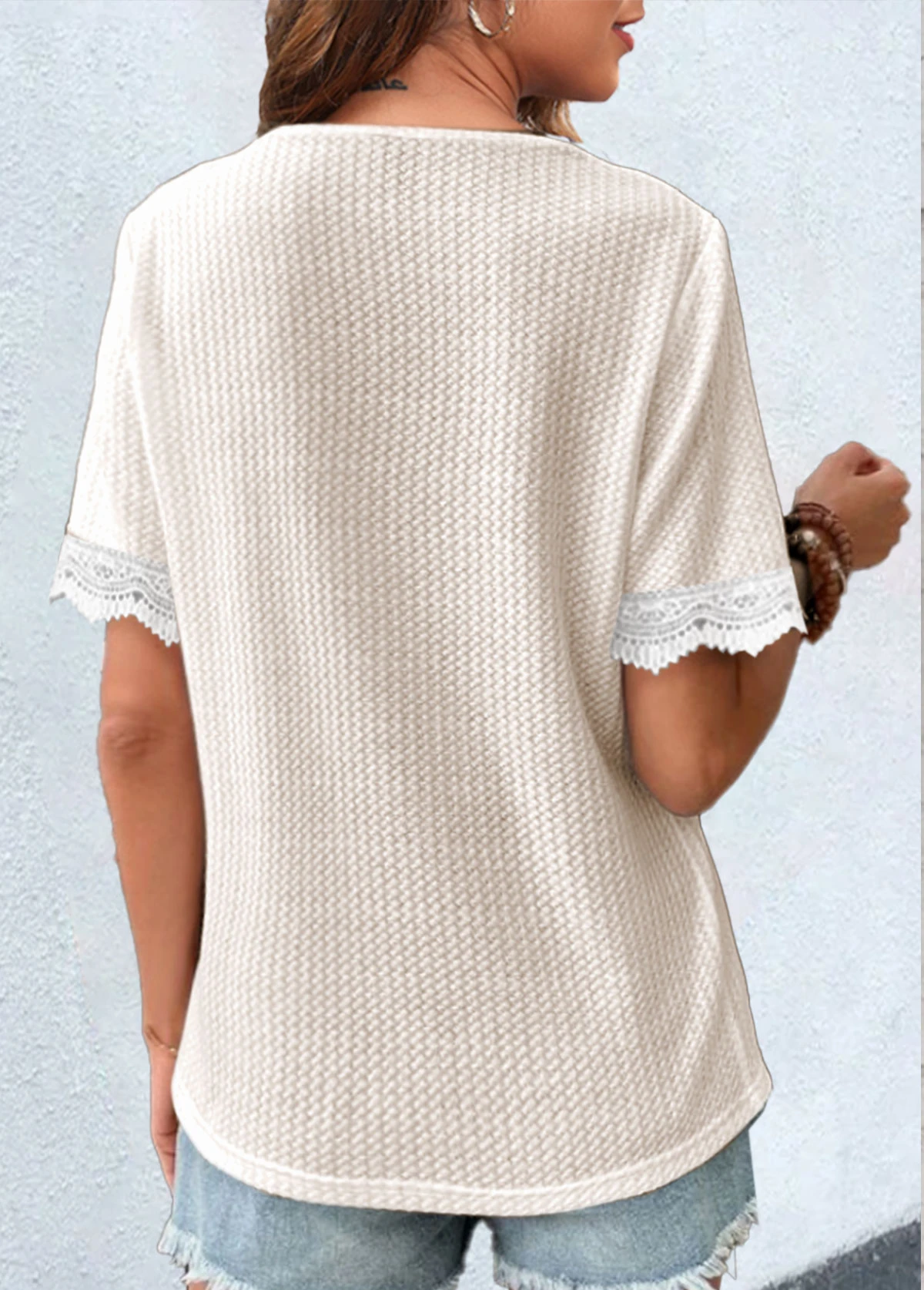 Raw White V Neck Lace T Shirt 4 Raw White V Neck Lace T Shirt - Image 2