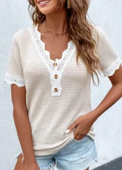 Raw White V Neck Lace T Shirt