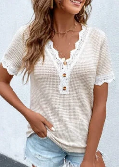Raw White V Neck Lace T Shirt 7 Raw White V Neck Lace T Shirt -Rosewe Promotion Store 325263 P 1675255684332