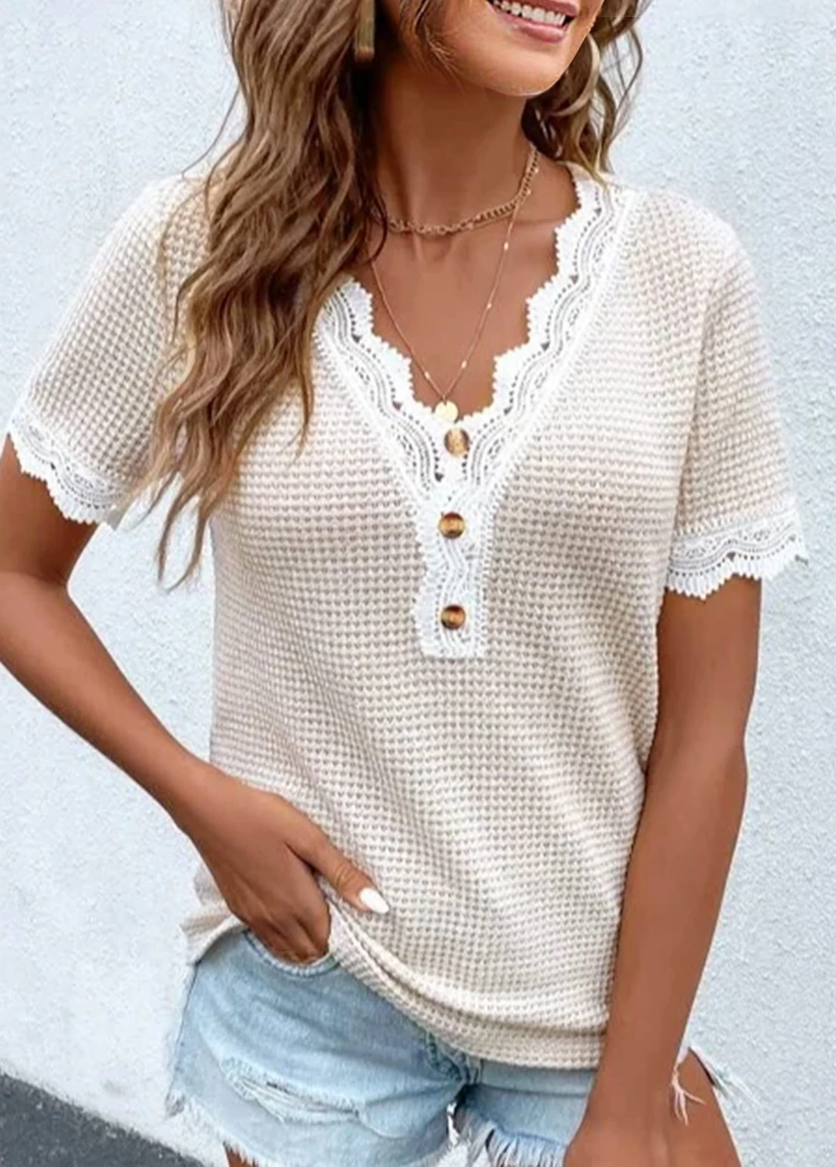 Raw White V Neck Lace T Shirt 5 Raw White V Neck Lace T Shirt - Image 3