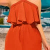 Orange Plus Size Ruffle Sleeveless Cross Collar Romper