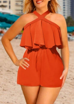 Orange Plus Size Ruffle Sleeveless Cross Collar Romper -Rosewe Promotion Store 325278 P 1675238509237