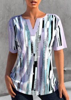 Geometric Print Split Light Purple Short Sleeve Blouse