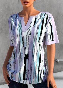 Geometric Print Split Light Purple Short Sleeve Blouse -Rosewe Promotion Store 325439 P 1675752273068