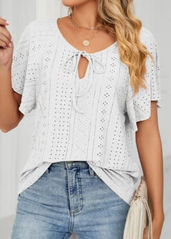 Tie V Neck White Short Sleeve T Shirt -Rosewe Promotion Store 325524 P 1675404926049