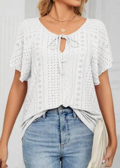 Tie V Neck White Short Sleeve T Shirt -Rosewe Promotion Store 325524 P 1675404926396