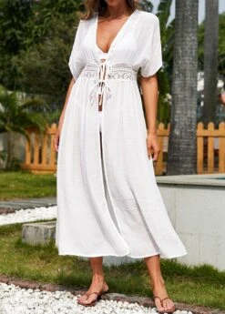 Short Sleeve White Tie Front Cover Up -Rosewe Promotion Store 325537 P 16772259273474
