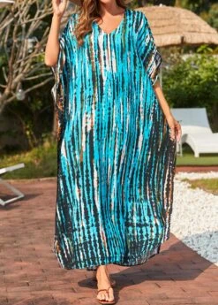 Side Slit Tie Dye Print Cyan Cover Up Dress -Rosewe Promotion Store 325541 P 16780904702264