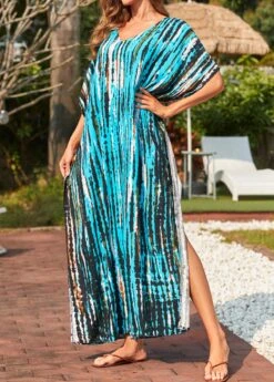 Side Slit Tie Dye Print Cyan Cover Up Dress -Rosewe Promotion Store 325541 P 16780904703072