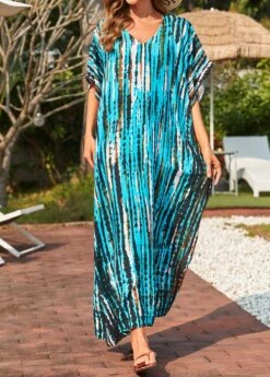 Side Slit Tie Dye Print Cyan Cover Up Dress -Rosewe Promotion Store 325541 P 16780904703325