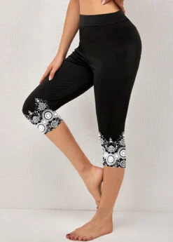 Tribal Print Black Elastic Waist High Waisted Leggings