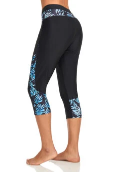 High Waisted Black Leaf Print Swim Capris