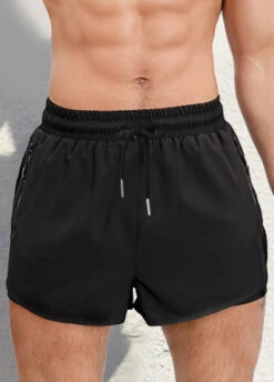 Mid Waisted Drawstring Waist Black Men's Swim Trunks