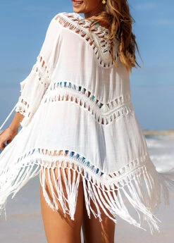 Tassel Hem 3/4 Sleeve White Cover Up