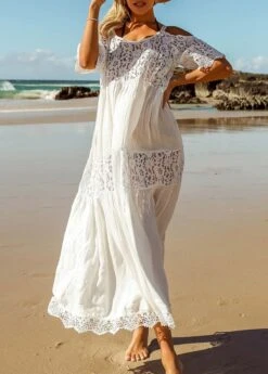 Round Neck White Lace Stitching Cover Up