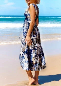 Leaf Print V Neck Blue Cover Up -Rosewe Promotion Store 325671 P 16757668535493