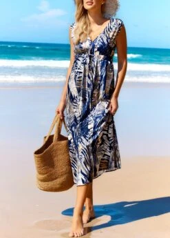 Leaf Print V Neck Blue Cover Up -Rosewe Promotion Store 325671 P 16757668537952
