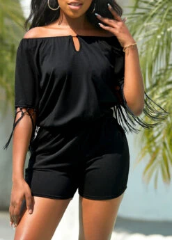 Tassel Black Short Off Shoulder Half Sleeve Romper -Rosewe Promotion Store 325695 P 16789333373684