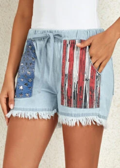 Flag Print Pocket Dusty Blue Regular Drawastring Jeans -Rosewe Promotion Store 325707 P 16778365382412