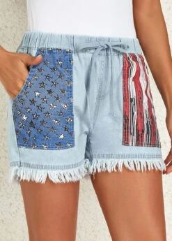 Flag Print Pocket Dusty Blue Regular Drawastring Jeans