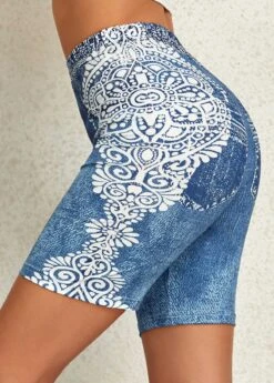 Denim Blue Skinny Elastic Waist Tribal Print Shorts -Rosewe Promotion Store 325711 P 16778365372433