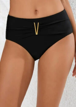 Mid Waisted Metal Detail Black Bikini Bottom